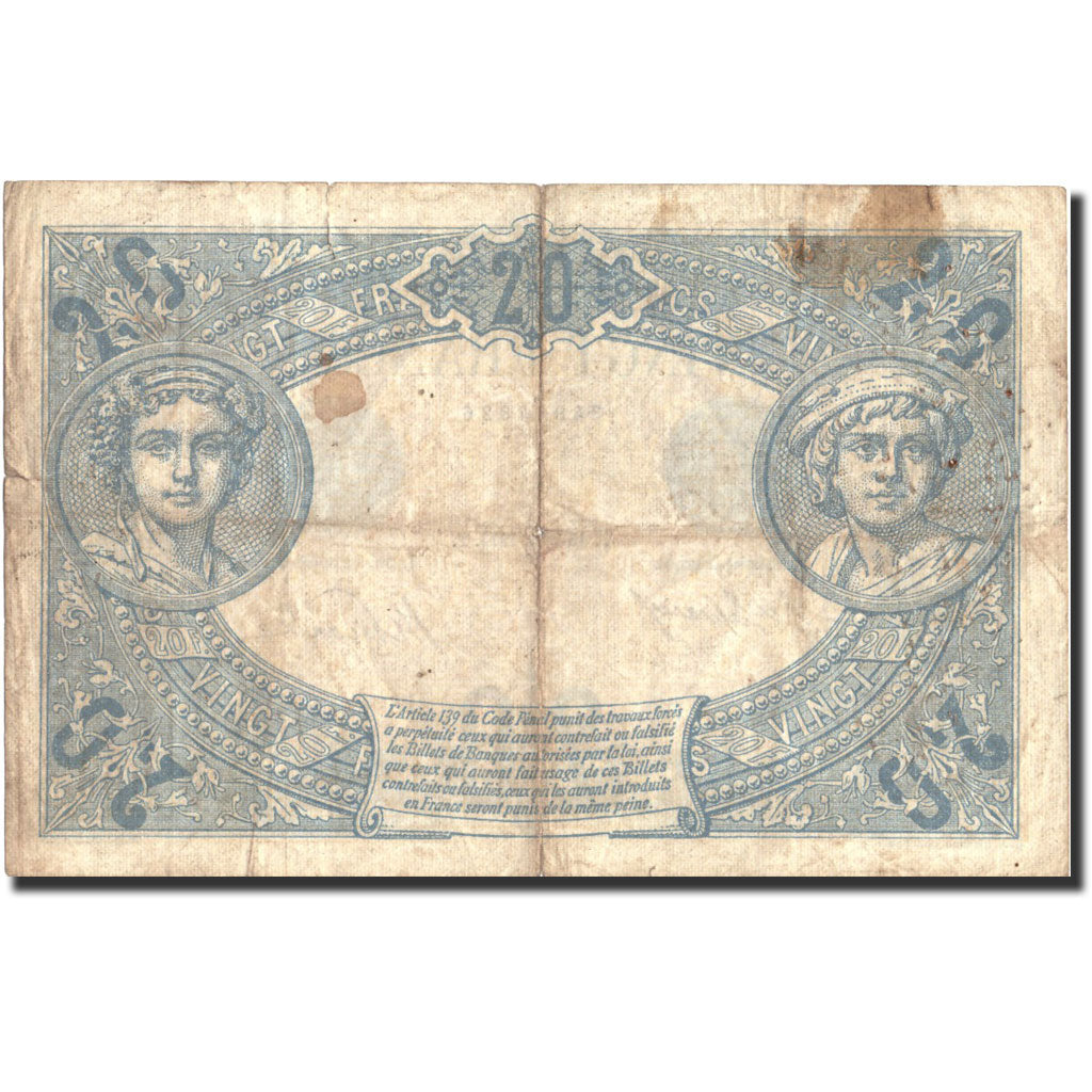 France, 20 Francs, 5 F 1912-1917 ''Bleu'', 1912, KM:68b, B, Fayette:10.2