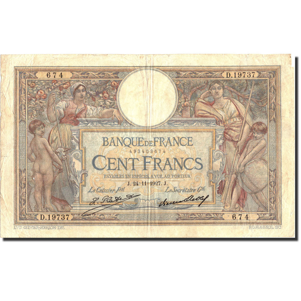 France, 100 Francs, 100 F 1908-1939 ''Luc Olivier Merson'', 1927, KM:78b