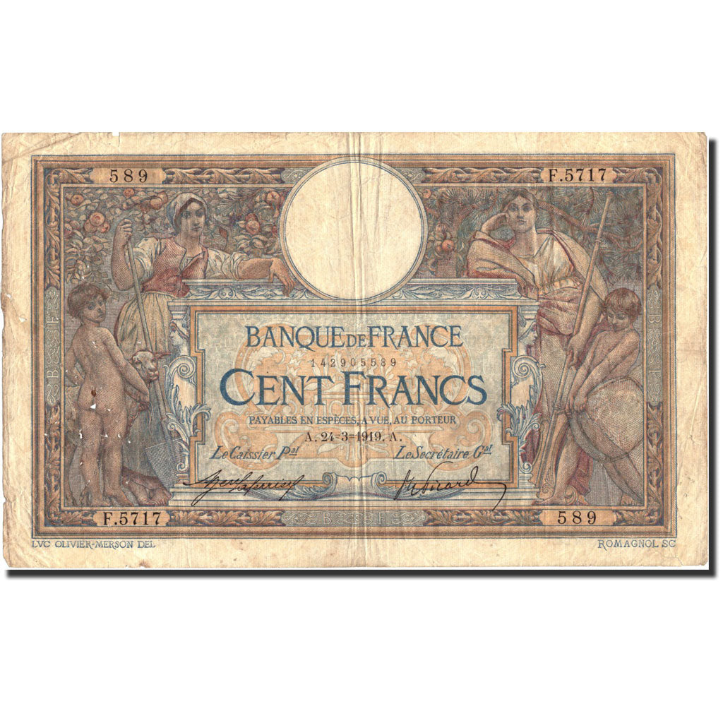 France, 100 Francs, 100 F 1908-1939 ''Luc Olivier Merson'', 1919, KM:71a
