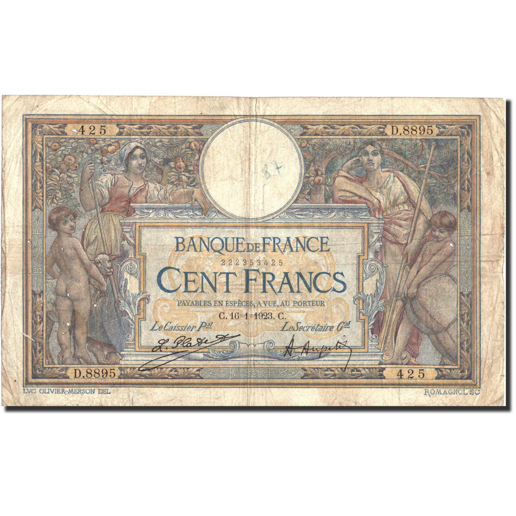 France, 100 Francs, 100 F 1908-1939 ''Luc Olivier Merson'', 1923, KM:71c