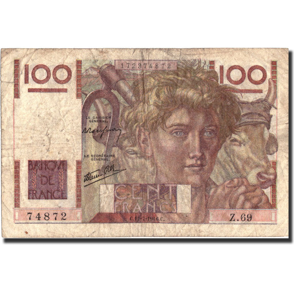 Geldschein, Frankreich, 100 Francs, 100 F 1945-1954 ''Jeune Paysan'', 1946
