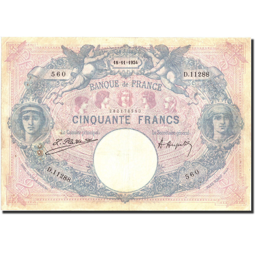 France, 50 Francs, 50 F 1889-1927 ''Bleu et Rose'', 1924, 1924-11-18, KM:64g