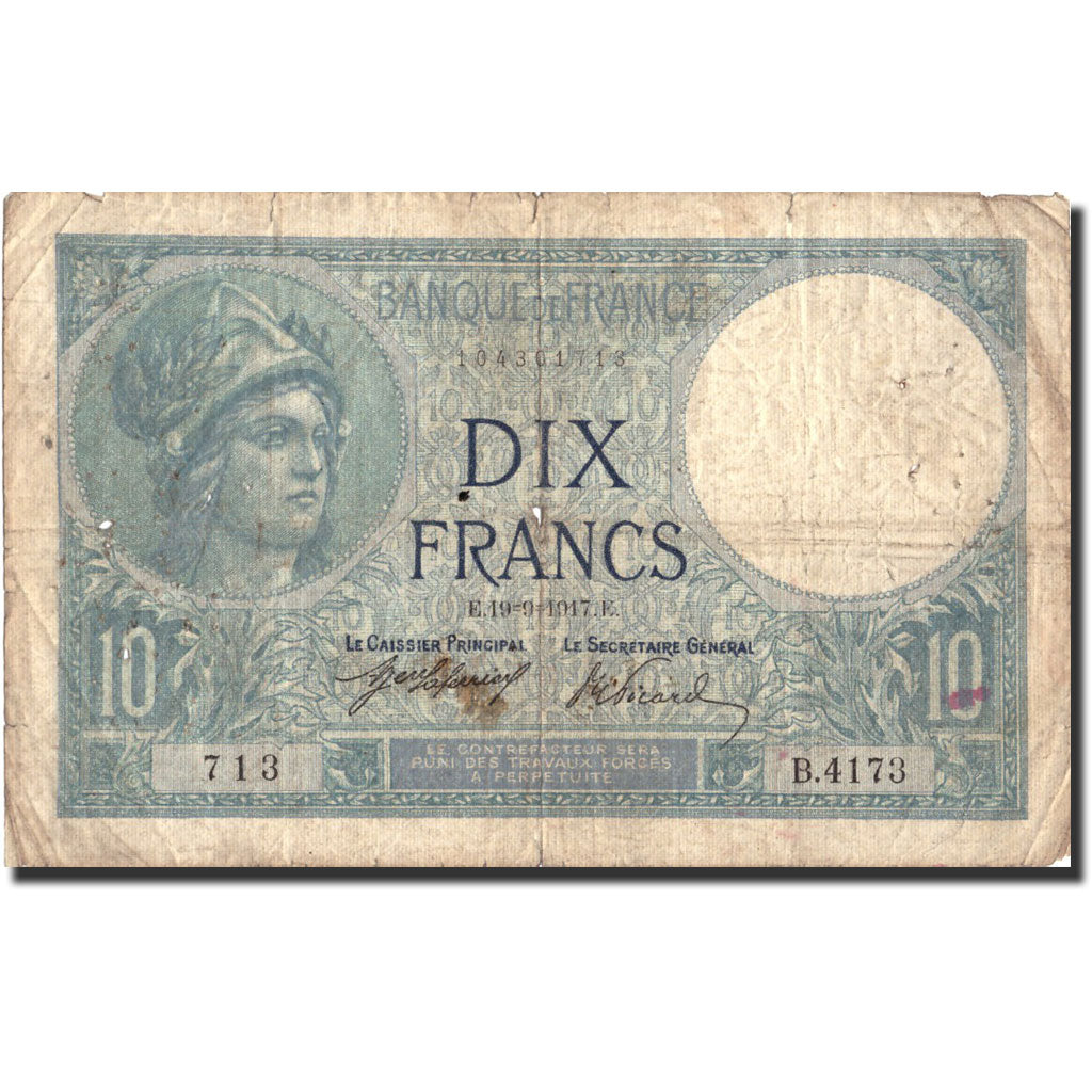 France, 10 Francs, 10 F 1916-1942 ''Minerve'', 1917, KM:73a, 1917-09-19