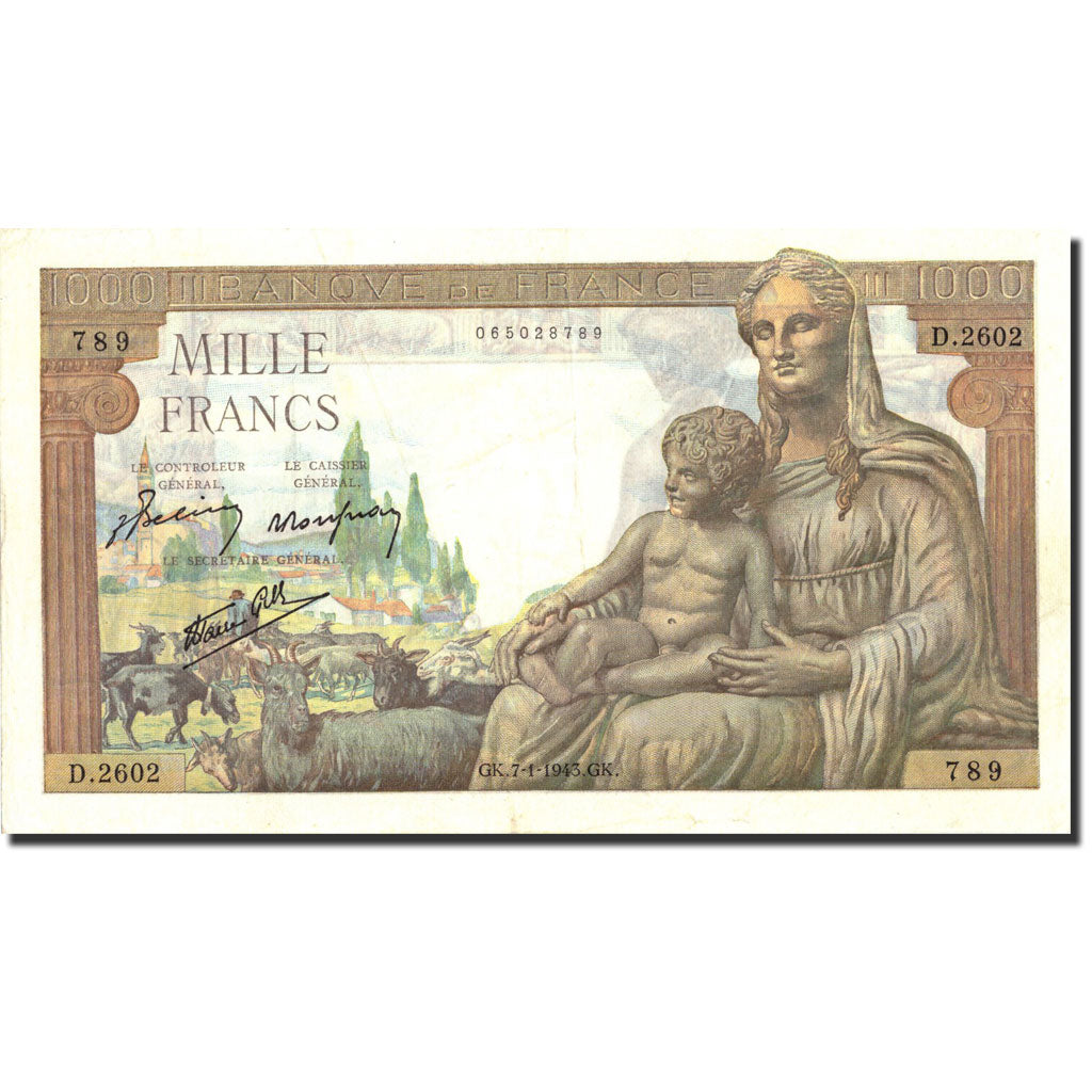 France, 1000 Francs, 1 000 F 1942-1943 ''Déesse Déméter'', 1943, KM:102