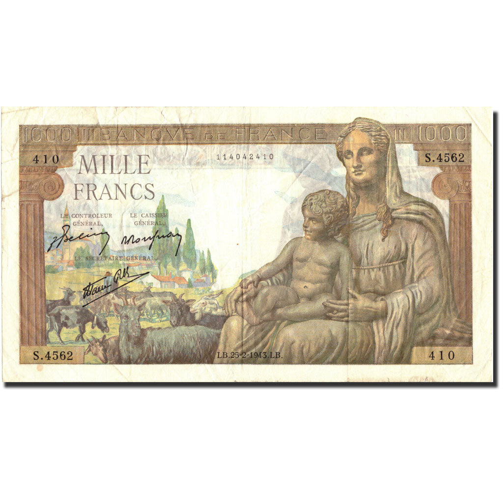 Francia, 1000 Francs, 1 000 F 1942-1943 ''Déesse Déméter'', 1943, KM:102