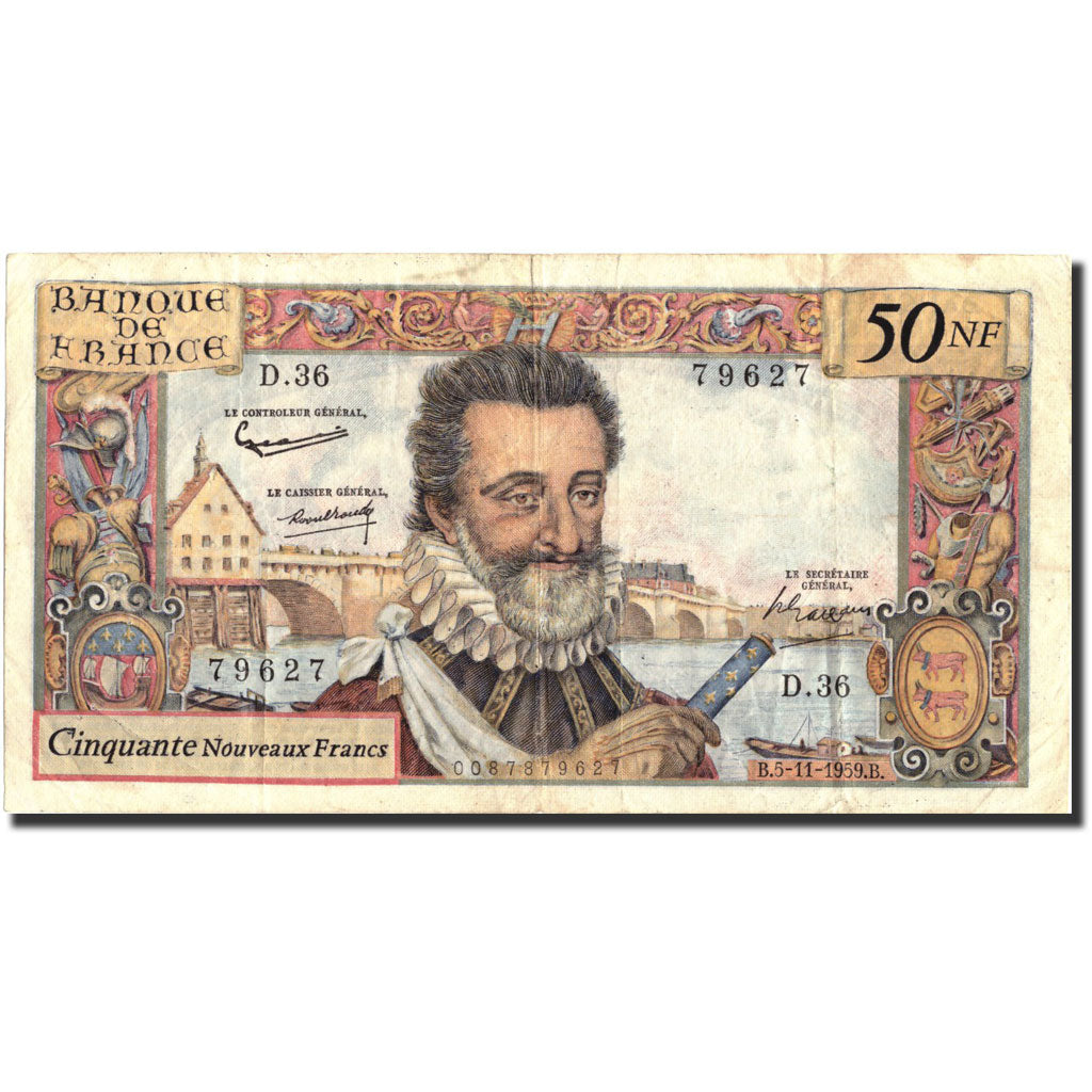 Francia, 50 Nouveaux Francs, 1955-1959 Overprinted with ''Nouveaux Francs''