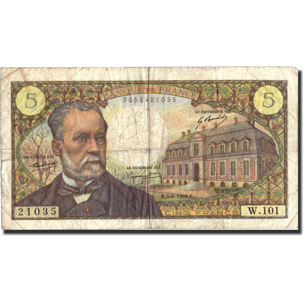 France, 10 Francs, 5 F 1966-1970 ''Pasteur'', 1969, KM:150a, 1969-06-05