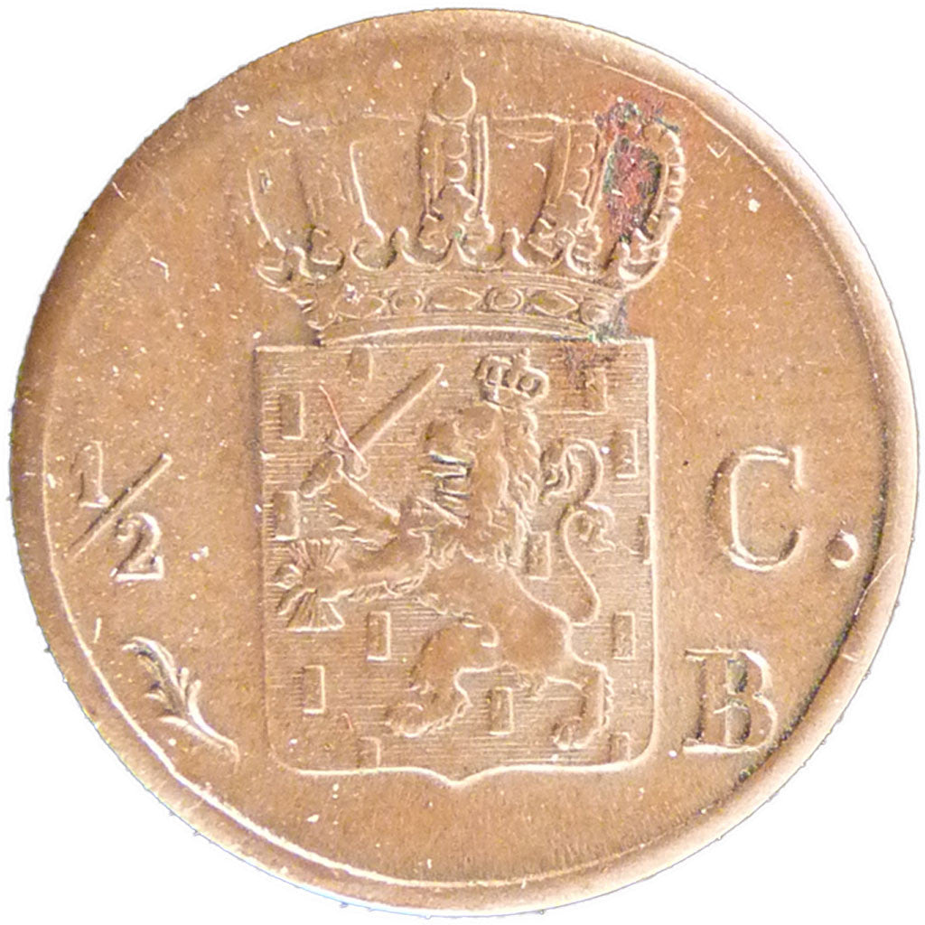 NETHERLANDS, 1/2 Cent, 1823, Brussels, KM #51, AU(55-58), Copper, 16, 2.00