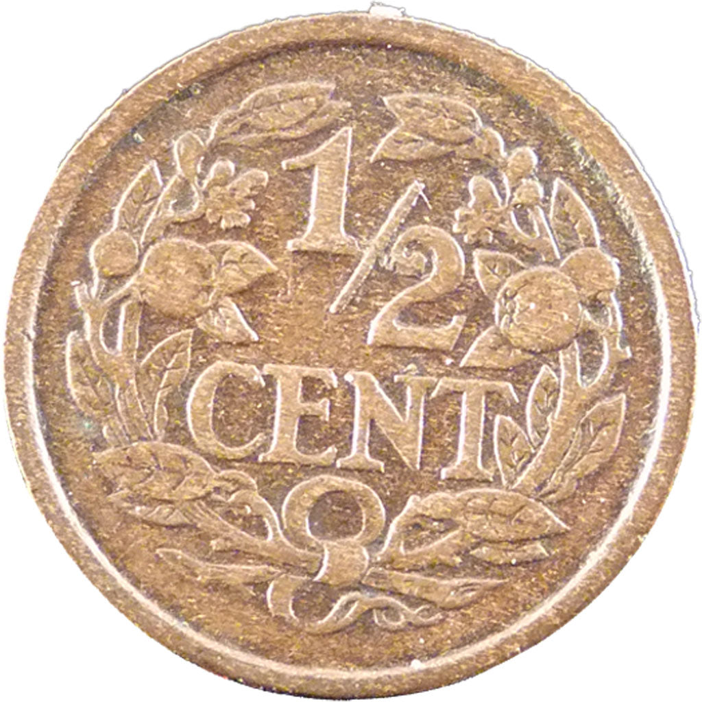 NETHERLANDS, 1/2 Cent, 1922, KM #138, AU(50-53), Bronze, 14, 1.20