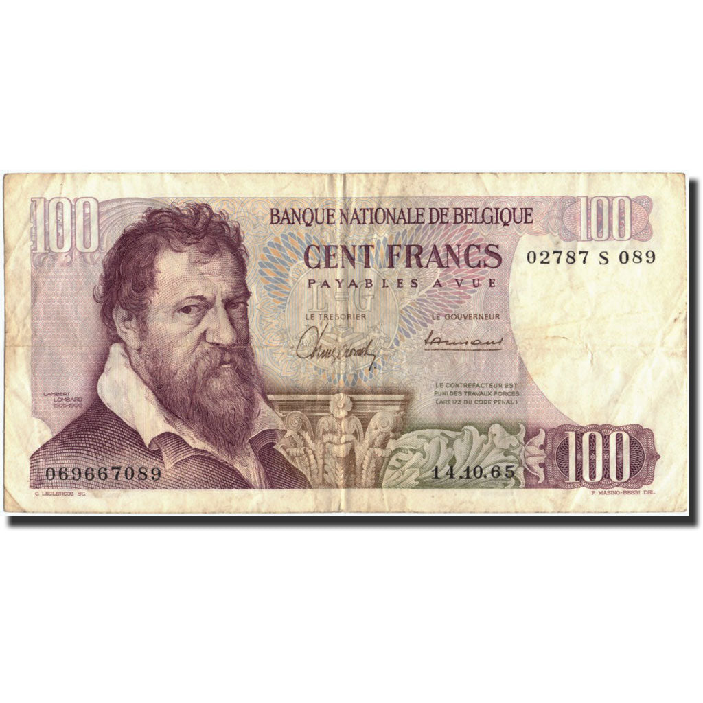 Belgium, 100 Francs, 1965, KM:134a, 1965-10-14, VF(20-25)
