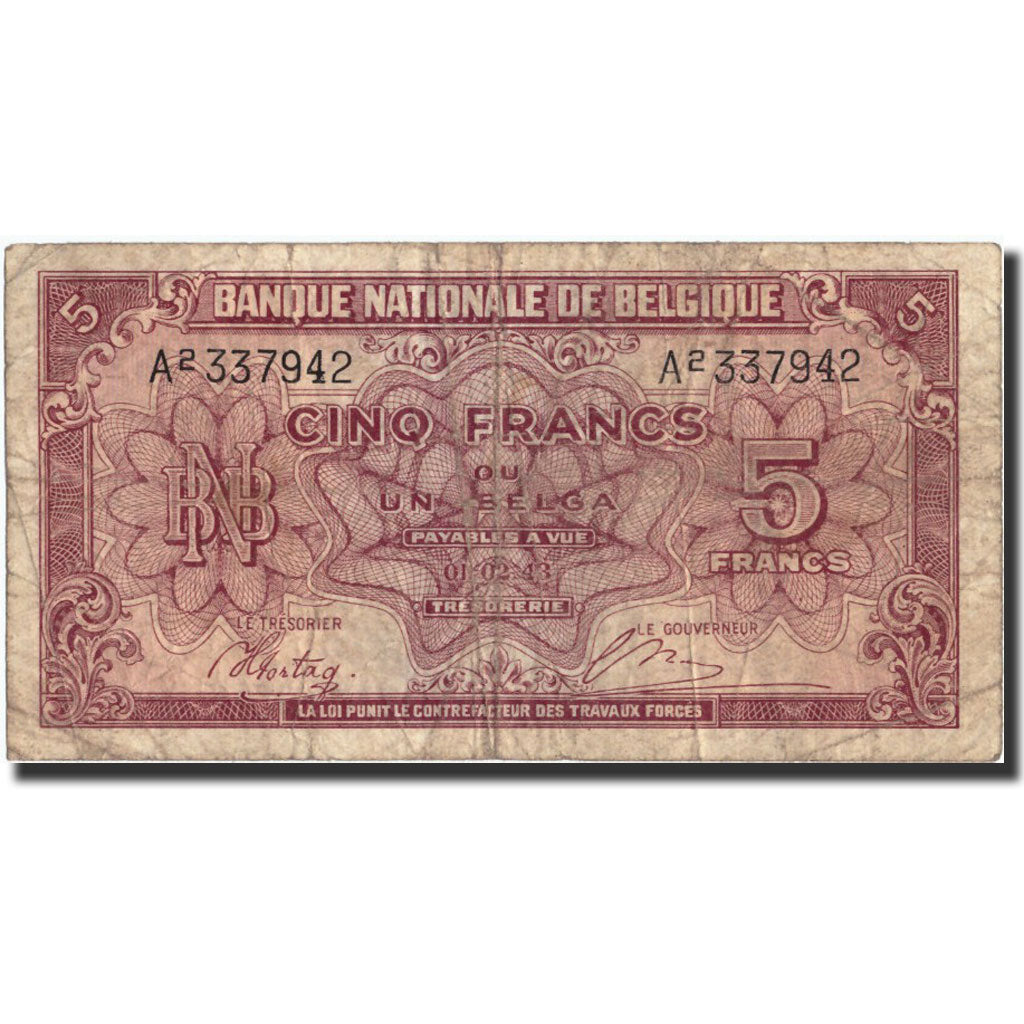 Banknote, Belgium, 5 Francs-1 Belga, 1943, 1943-02-01, KM:121, VF(20-25)