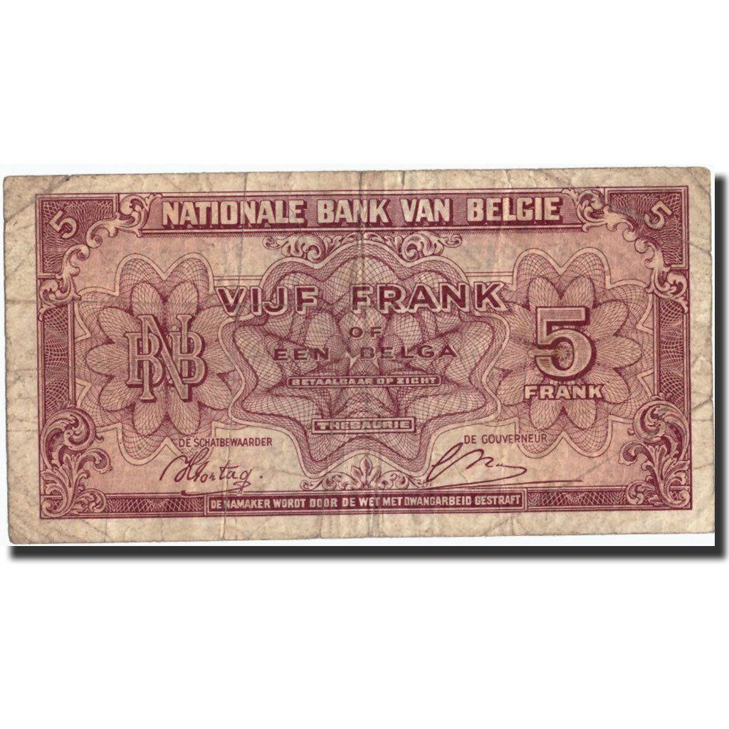 Banknote, Belgium, 5 Francs-1 Belga, 1943, 1943-02-01, KM:121, VF(20-25)