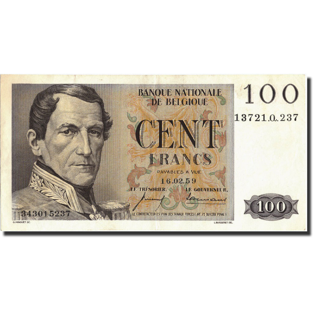 Banknote, Belgium, 100 Francs, 1959, 1959-02-16, KM:129c, AU(50-53)