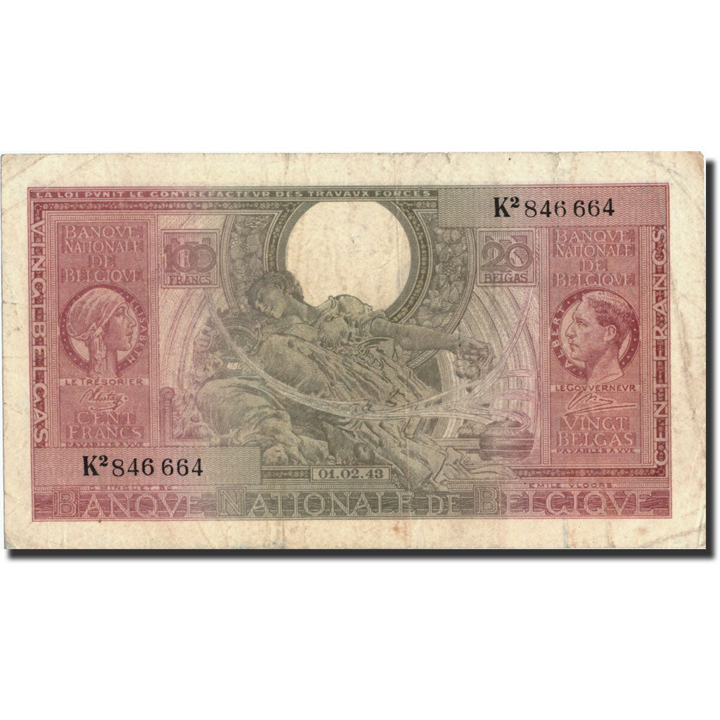 Billet, Belgique, 100 Francs-20 Belgas, 1943, 1943-02-01, KM:107, TB+