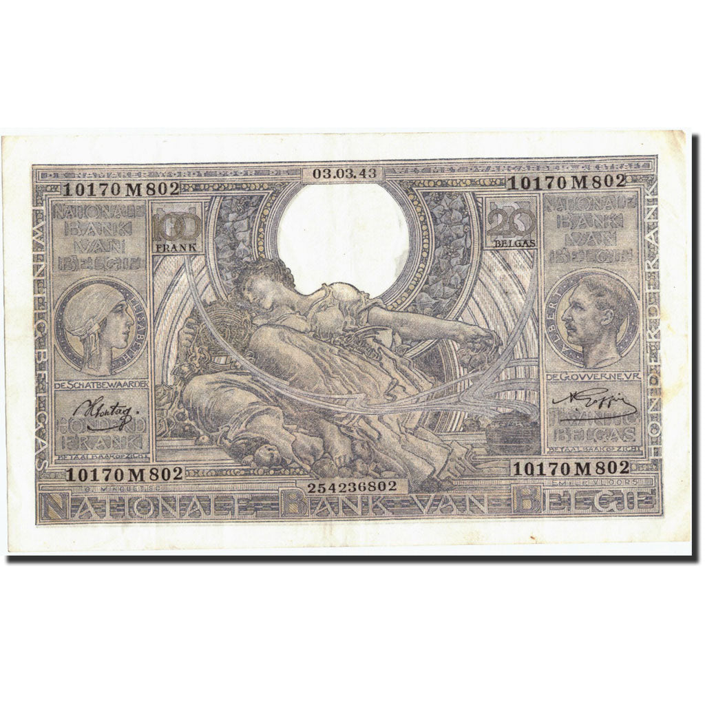 Banknote, Belgium, 100 Francs-20 Belgas, 1943, 1943-03-03, KM:112, AU(50-53)