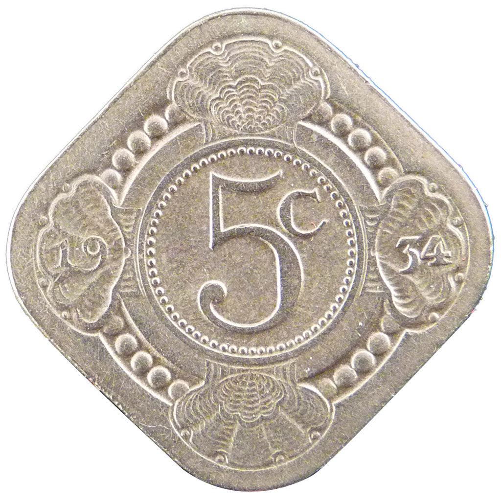 NETHERLANDS, 5 Cents, 1934, KM #153, AU(50-53), Copper-Nickel, 21.3, 4.40