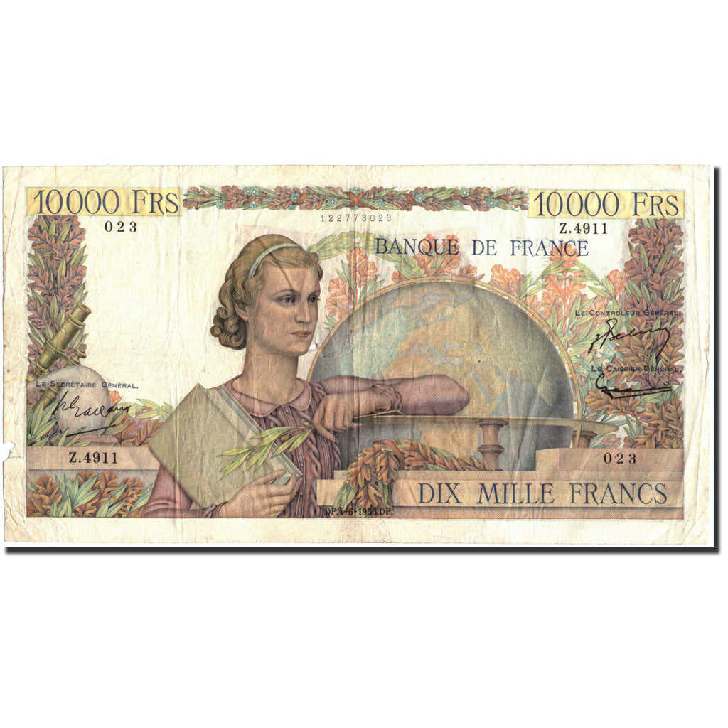France, 10,000 Francs, 10 000 F 1945-1956 ''Génie Français'', 1953, KM:132a