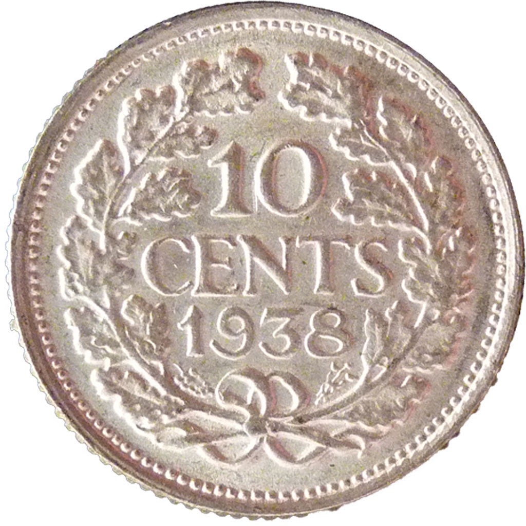 Coin, Netherlands, Wilhelmina I, 10 Cents, 1938, MS(60-62), Silver, KM:163