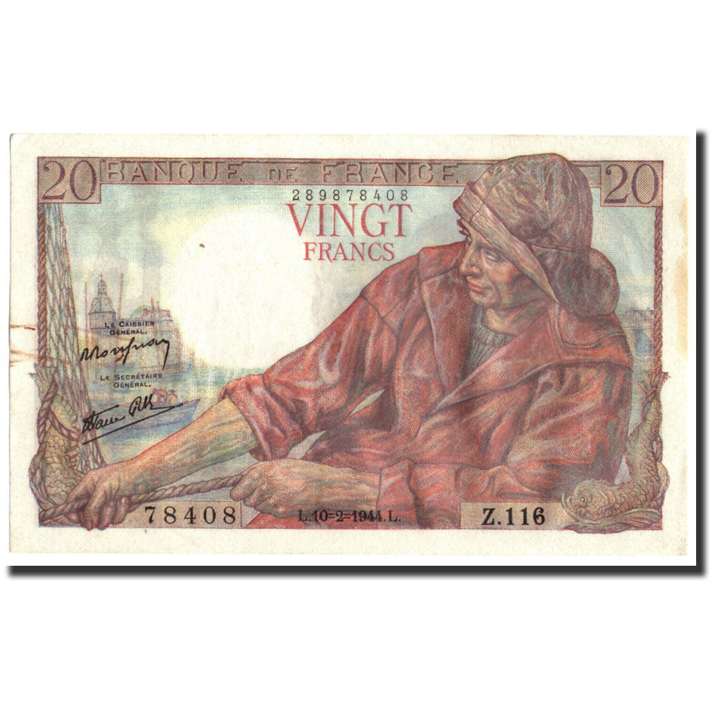 France, 20 Francs, 20 F 1942-1950 ''Pêcheur'', 1944, KM:100a, 1944-02-10