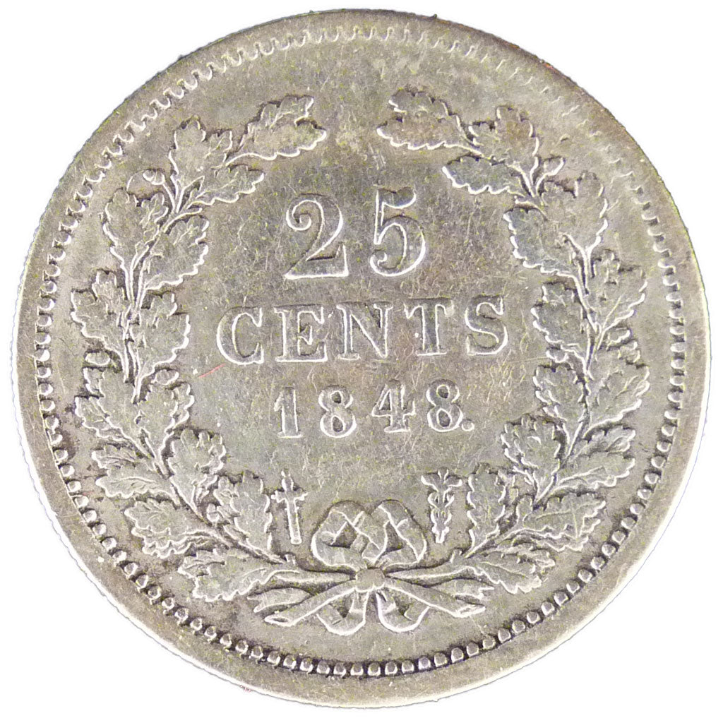 NETHERLANDS, 25 Cents, 1848, KM #76, AU(50-53), Silver, 19, 3.50