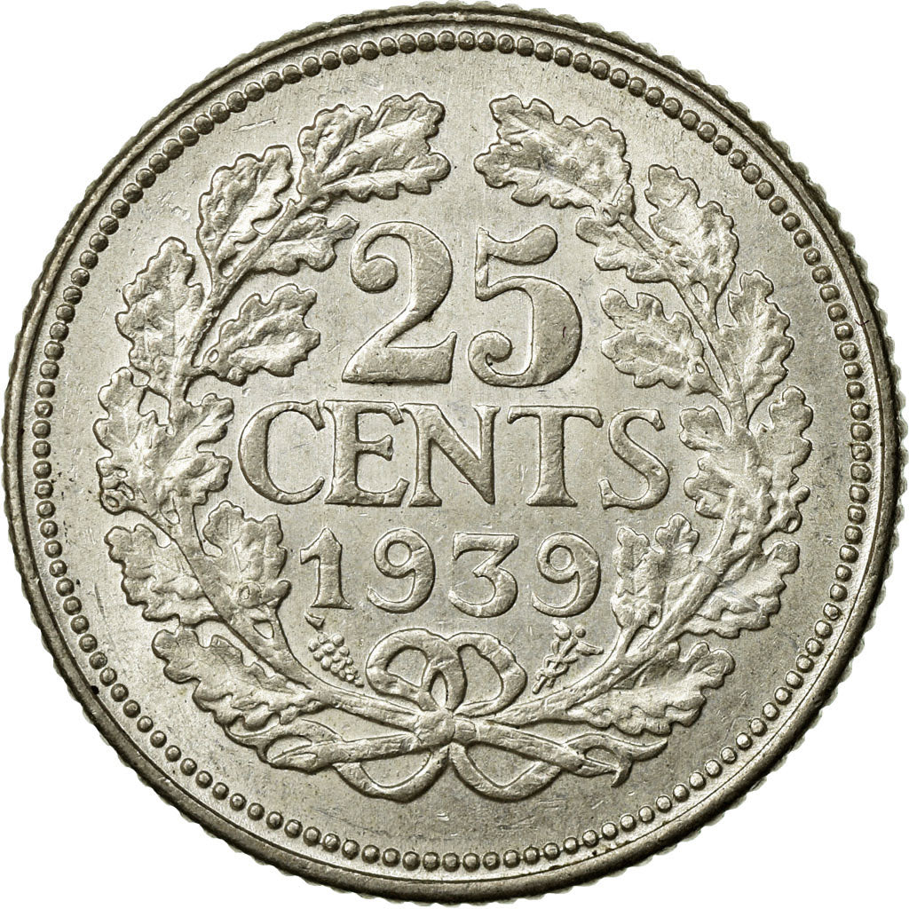 Coin, Netherlands, Wilhelmina I, 25 Cents, 1939, MS(60-62), Silver, KM:164