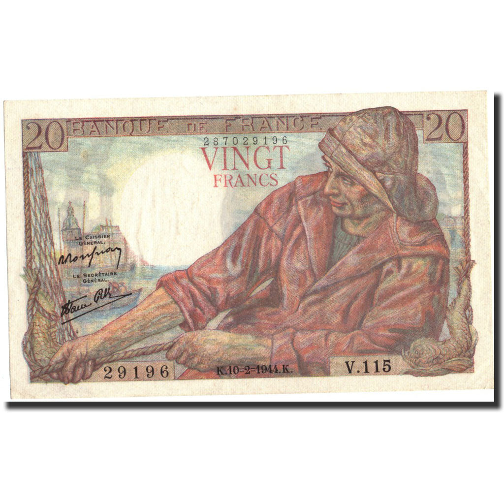 France, 20 Francs, 20 F 1942-1950 ''Pêcheur'', 1944, KM:100a, 1944-02-10