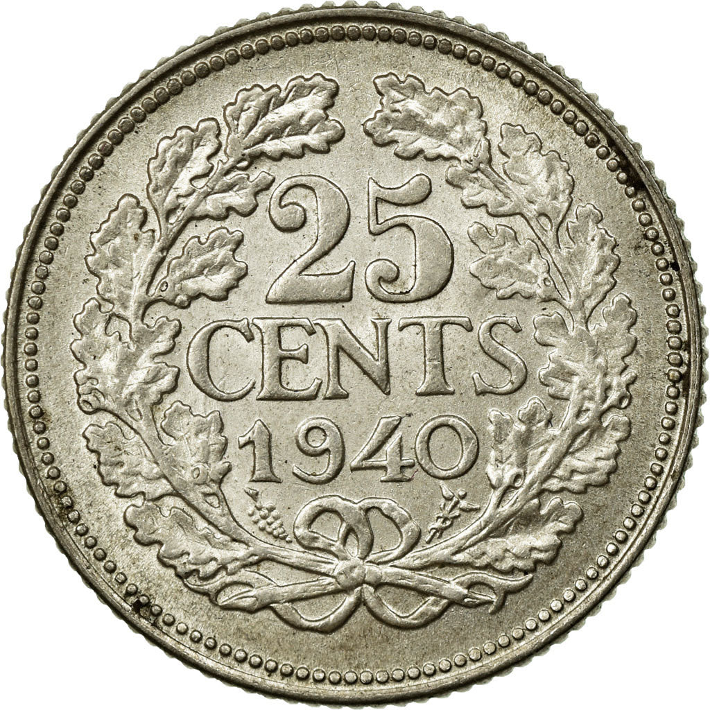 Coin, Netherlands, Wilhelmina I, 25 Cents, 1940, MS(60-62), Silver, KM:164