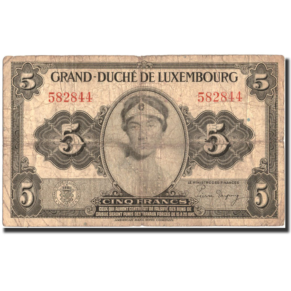 Banknote, Luxembourg, 5 Francs, Undated (1944), Undated, KM:43a, VF(30-35)