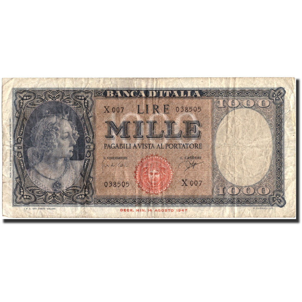 Italy, 1000 Lire, 1947, KM:88a, 1947-08-14, VF(20-25)