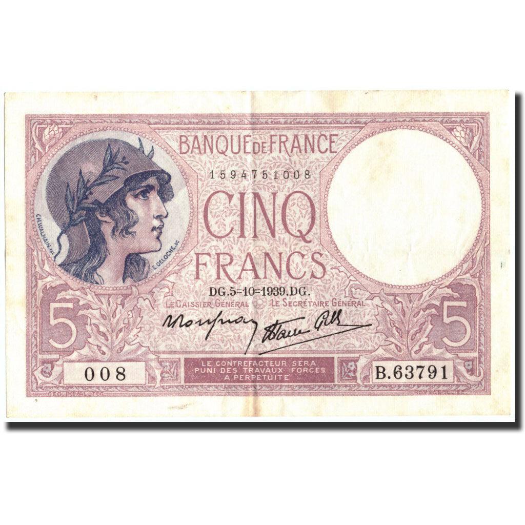 Biljet, Frankrijk, 5 Francs, 5 F 1917-1940 ''Violet'', 1939, 1939-10-05, TTB