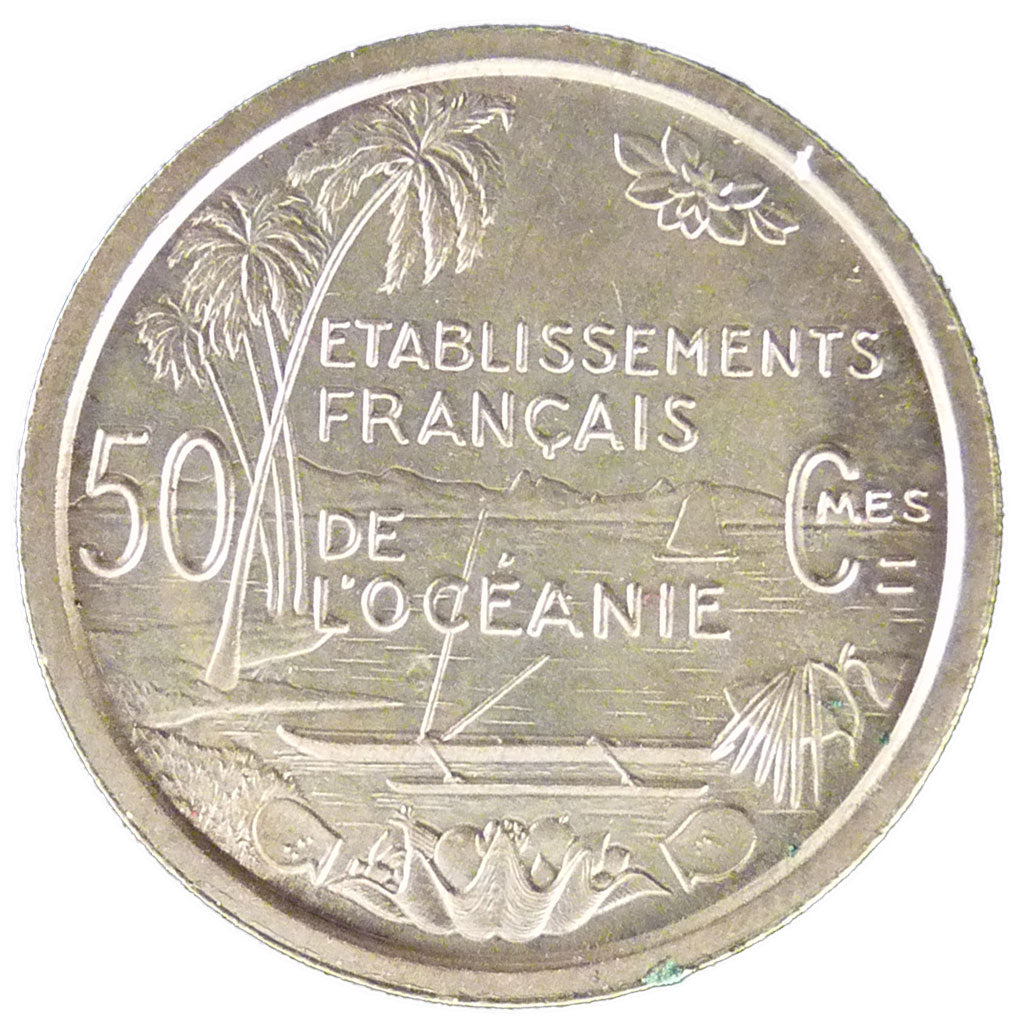 FRENCH OCEANIA, 50 Centimes, 1949, KM #E7, MS(65-70), Copper-Nickel, Lecompte...