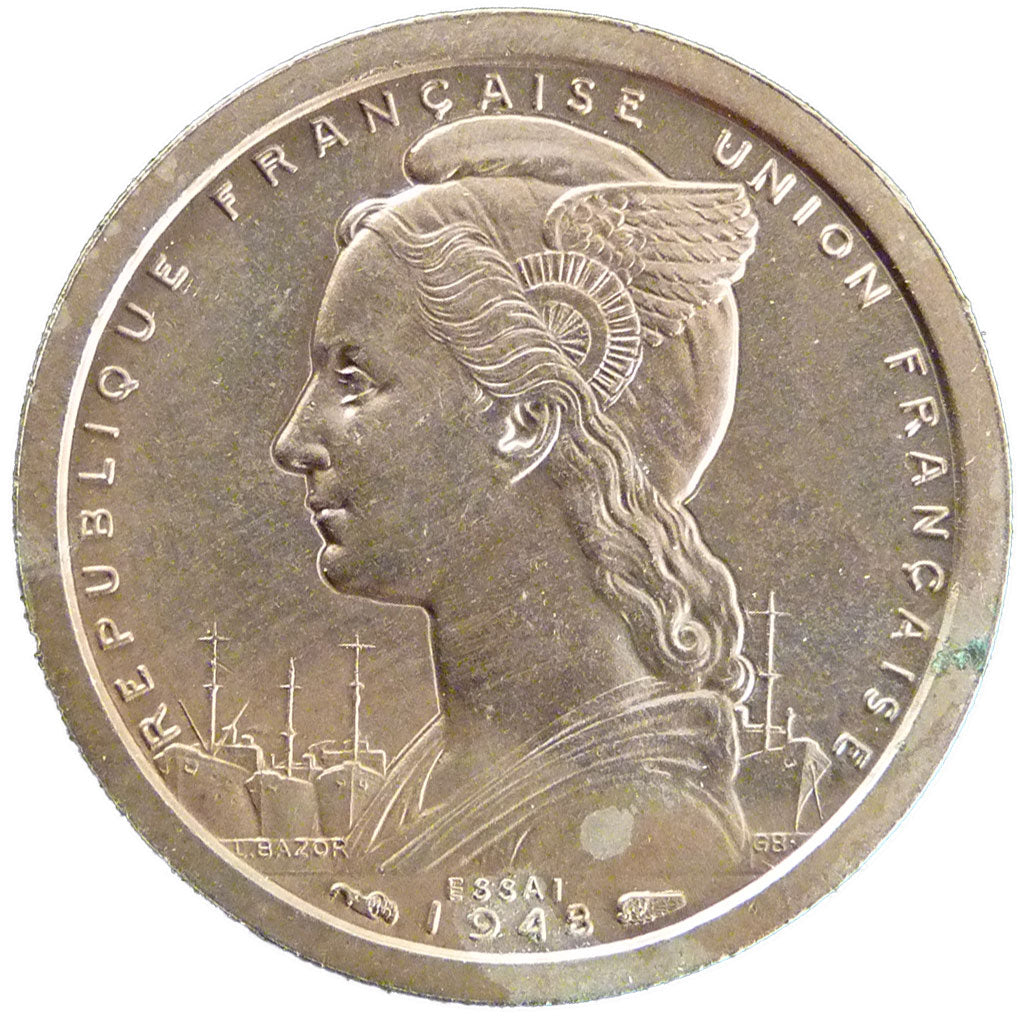 Saint Pierre et Miquelon, 1 Franc, 1948, MS(65-70), Bronze-Nickel, Lecompte #2,.