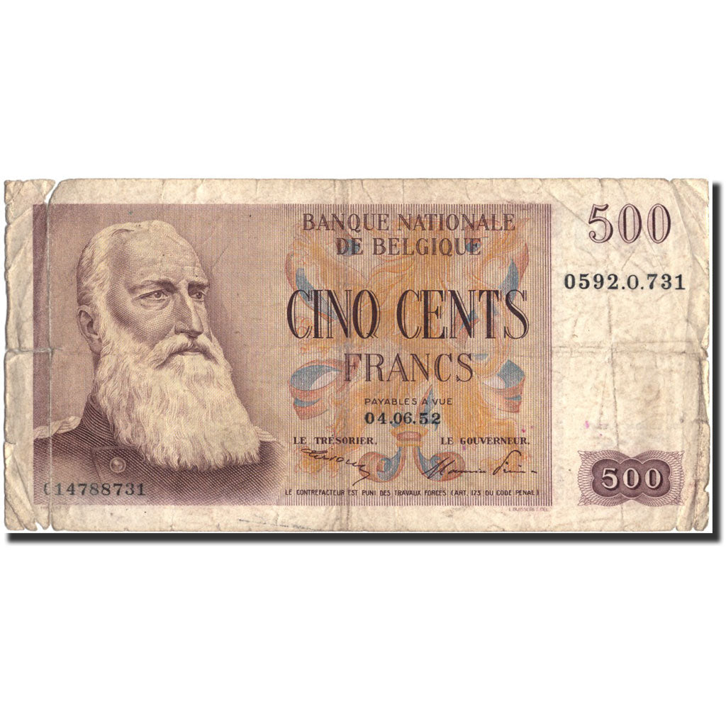 Banknote, Belgium, 500 Francs, 1952, 1952-06-04, KM:130a, VG(8-10)