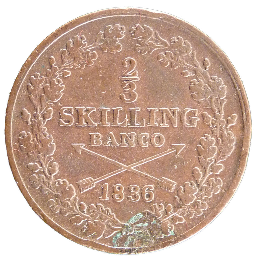 Svezia, Carl XIV Johan, 2/3 Skilling, 1836, BB, Rame, KM:641