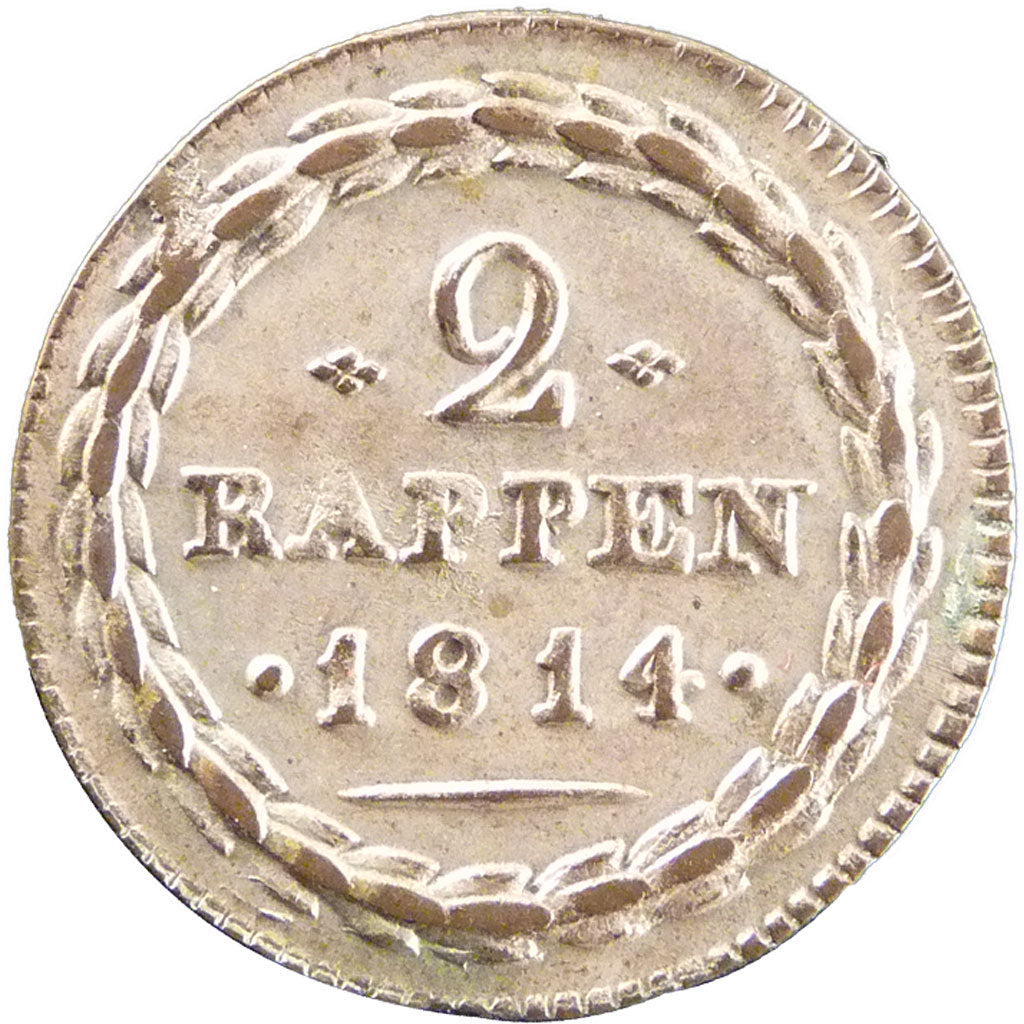 Switzerland, 2 Rappen, 1814, KM #11, AU(55-58), Billon, 1.50