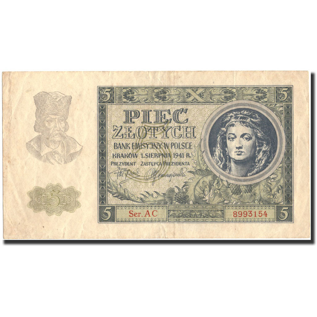 Banknote, Poland, 5 Zlotych, 1941, 1941-08-01, KM:101, AU(50-53)