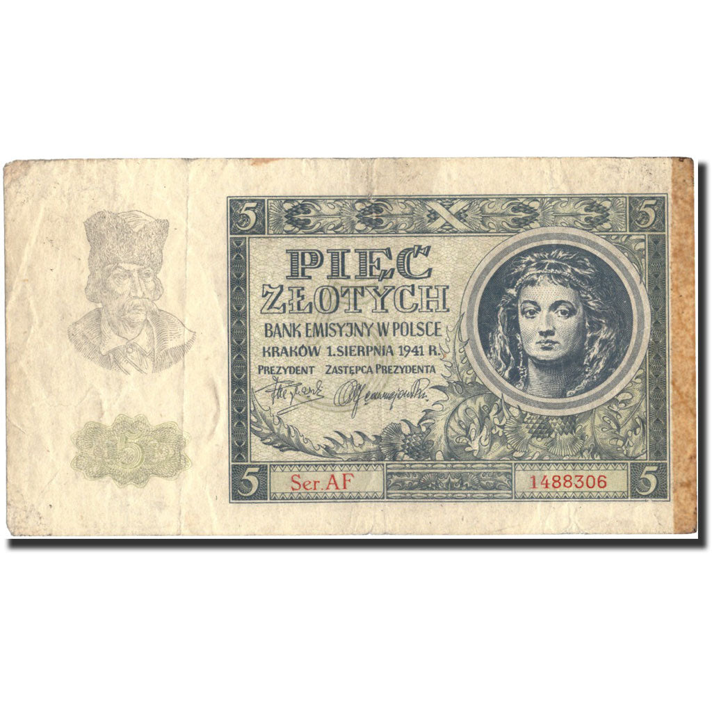 Poland, 5 Zlotych, 1941, 1941-08-01, KM:101, VF(30-35)