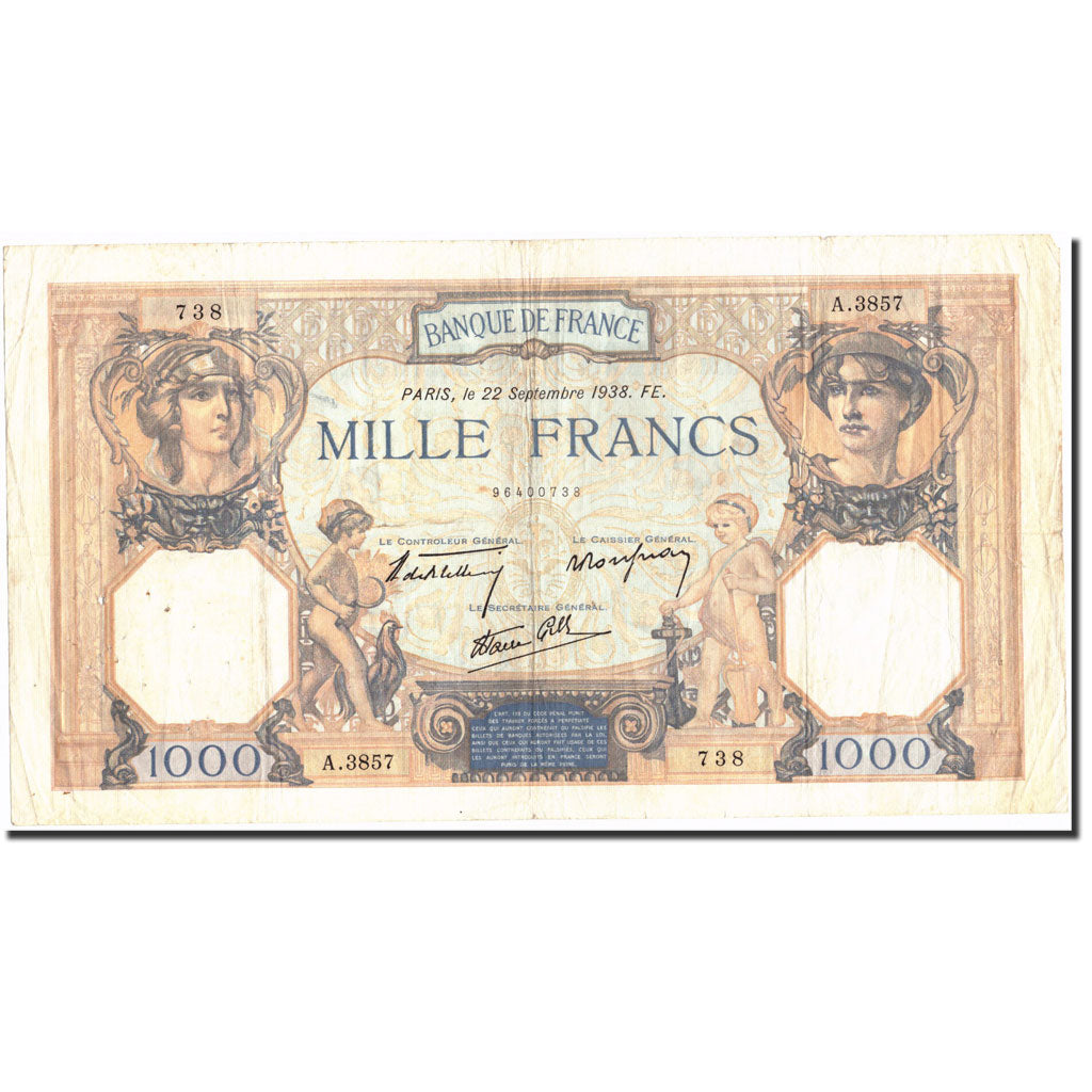 Francia, 1000 Francs, 1 000 F 1927-1940 ''Cérès et Mercure'', 1938, KM:90c