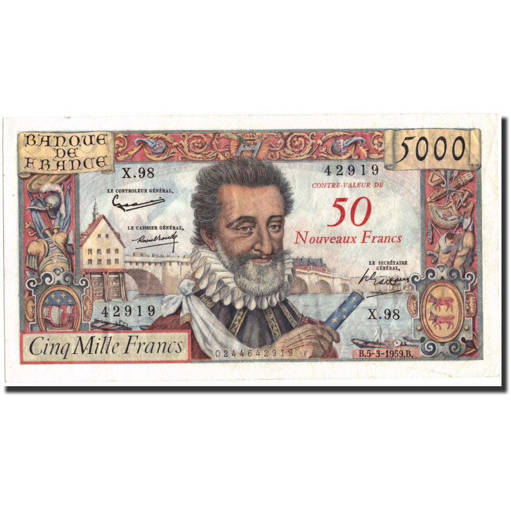 Billet, France, 50 Nouveaux Francs on 5000 Francs, 1955-1959 Overprinted with