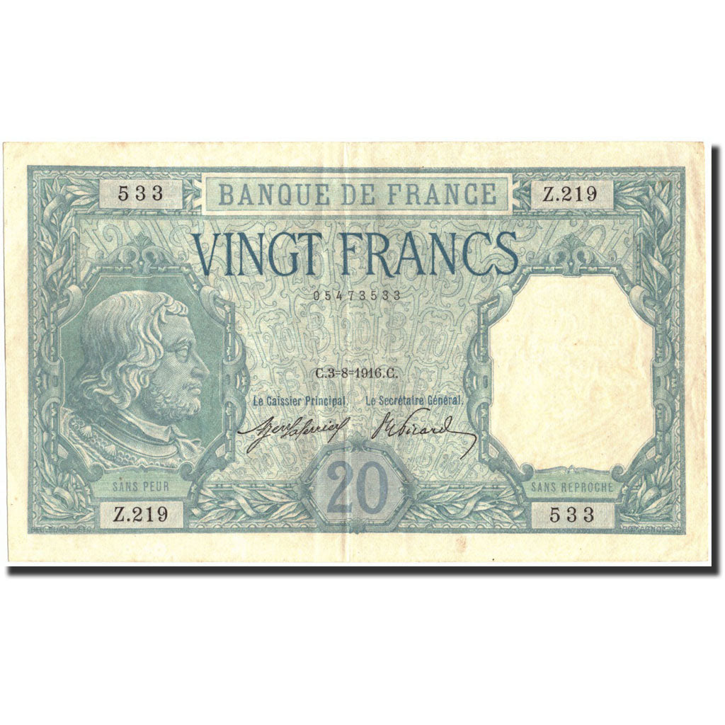 Banknote, France, 20 Francs, 20 F 1916-1919 ''Bayard'', 1916, 1916-08-03