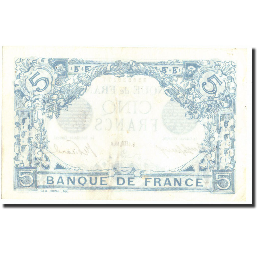 Banknote, France, 5 Francs, 5 F 1912-1917 ''Bleu'', 1916, 1916-08-06, AU(55-58)
