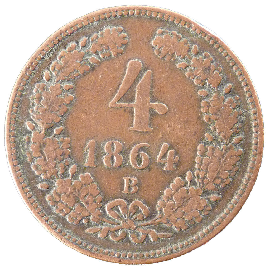 AUSTRIA, 4 Kreuzer, 1864, Kremnitz, KM #2194, EF(40-45), Copper, 13.00