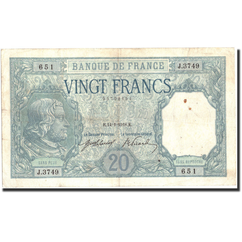 Francia, 20 Francs, 20 F 1916-1919 ''Bayard'', 1918, 1918-01-14, MB+