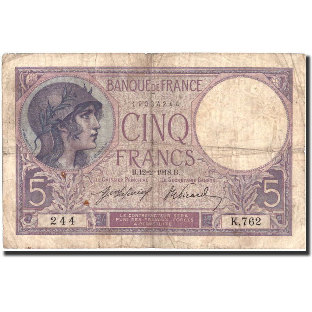 France, 5 Francs, 5 F 1917-1940 ''Violet'', 1918, 1918-02-12, F(12-15)