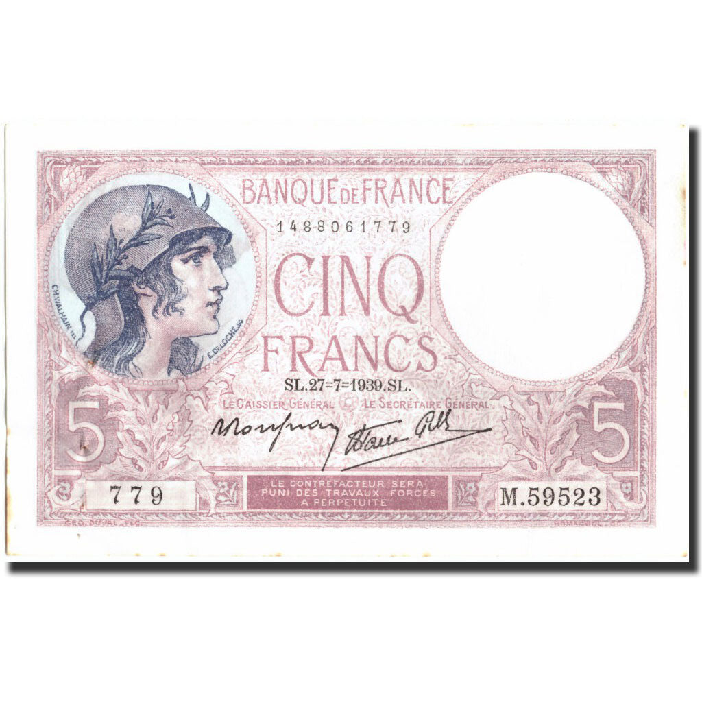 France, 5 Francs, 5 F 1917-1940 ''Violet'', 1939, 1939-07-27, TTB+, Fayette:4.3