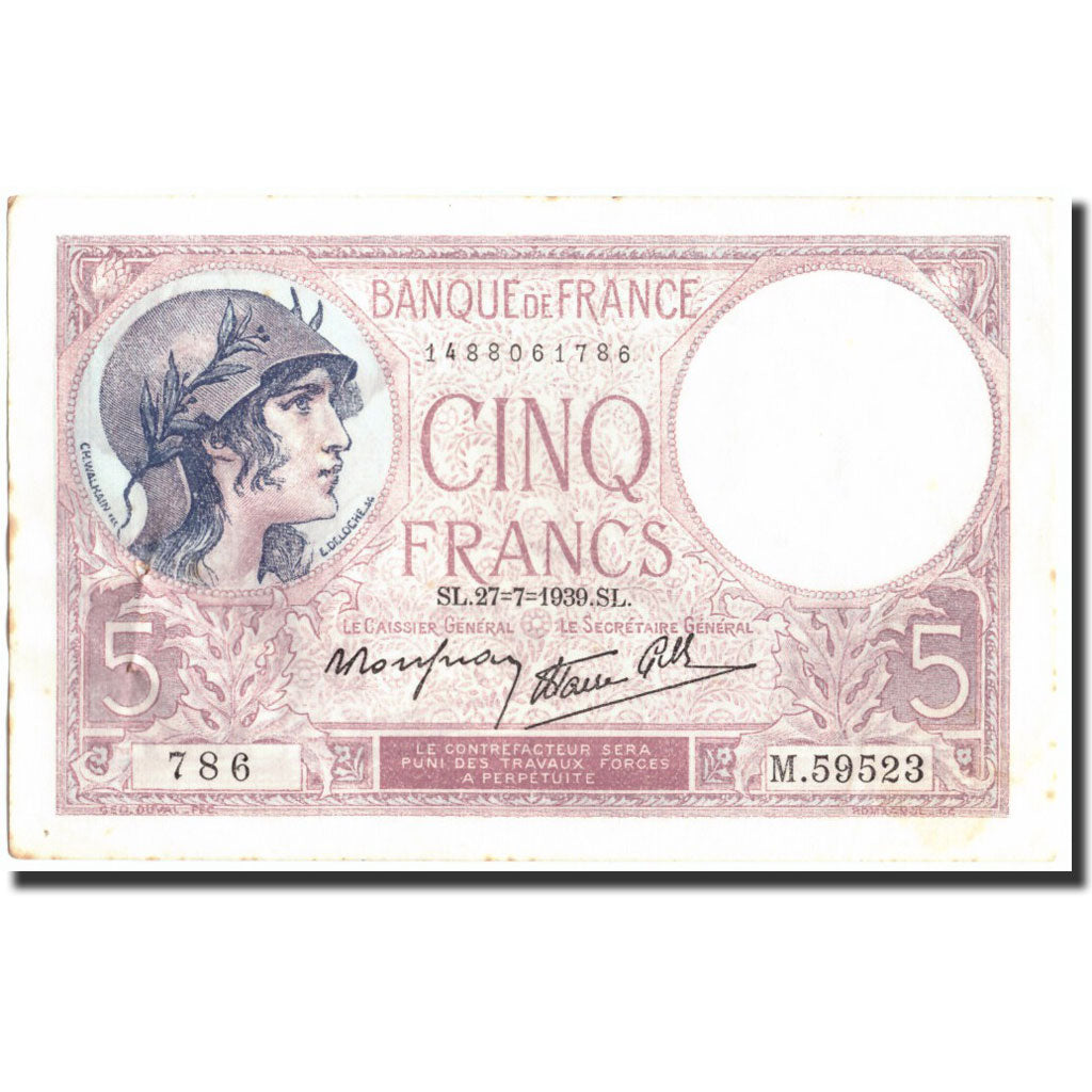 Francia, 5 Francs, 5 F 1917-1940 ''Violet'', 1939, 1939-07-27, MBC+