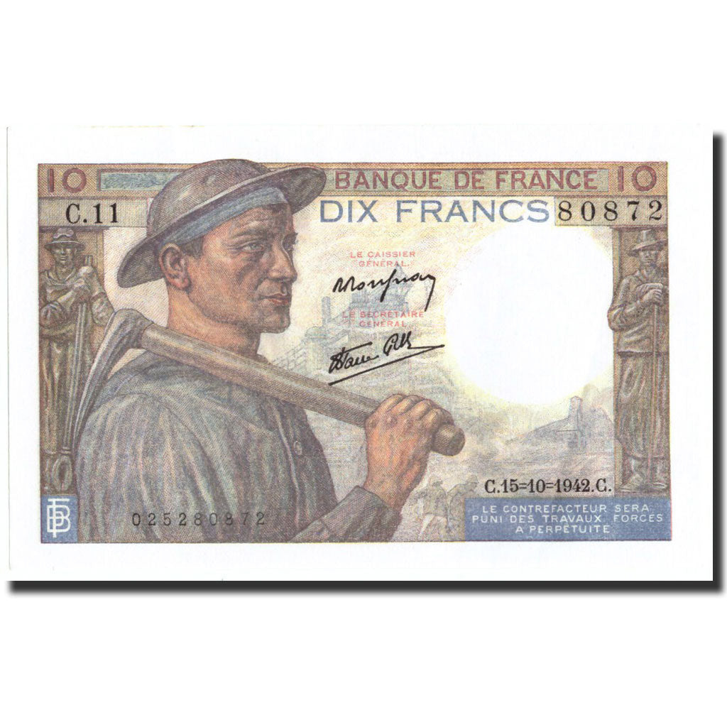 Francia, 10 Francs, 10 F 1941-1949 ''Mineur'', 1942, 1942-10-15, SC+