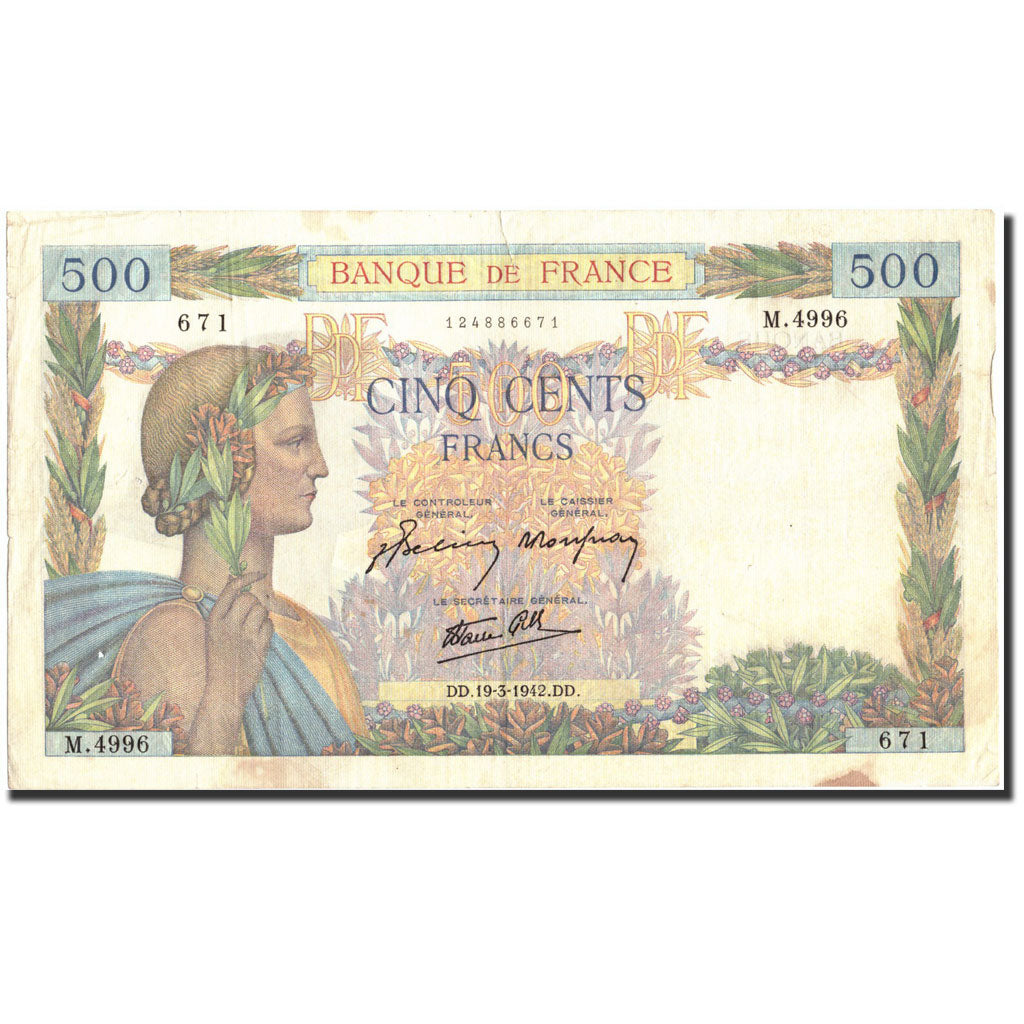 Frankrijk, 500 Francs, 500 F 1940-1944 ''La Paix'', 1942, 1942-03-19, TTB