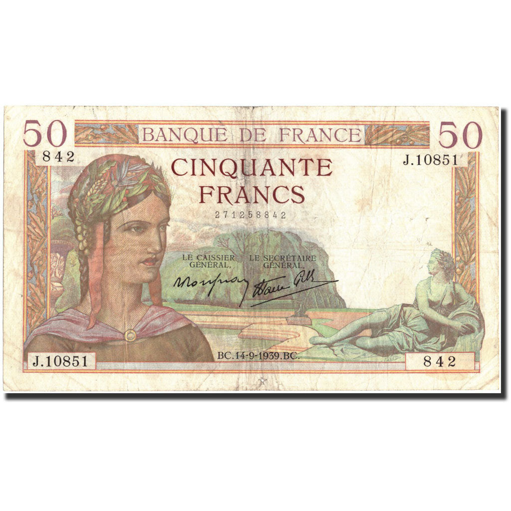 France, 50 Francs, 50 F 1934-1940 ''Cérès'', 1939, 1939-09-14, TB
