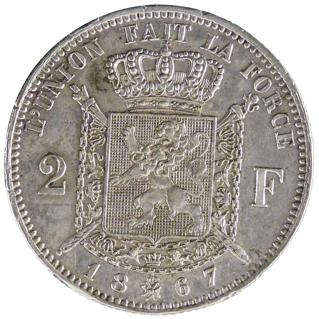 BELGIUM, 2 Francs, 2 Frank, 1867, KM #30.1, AU(50-53), Silver, 9.90